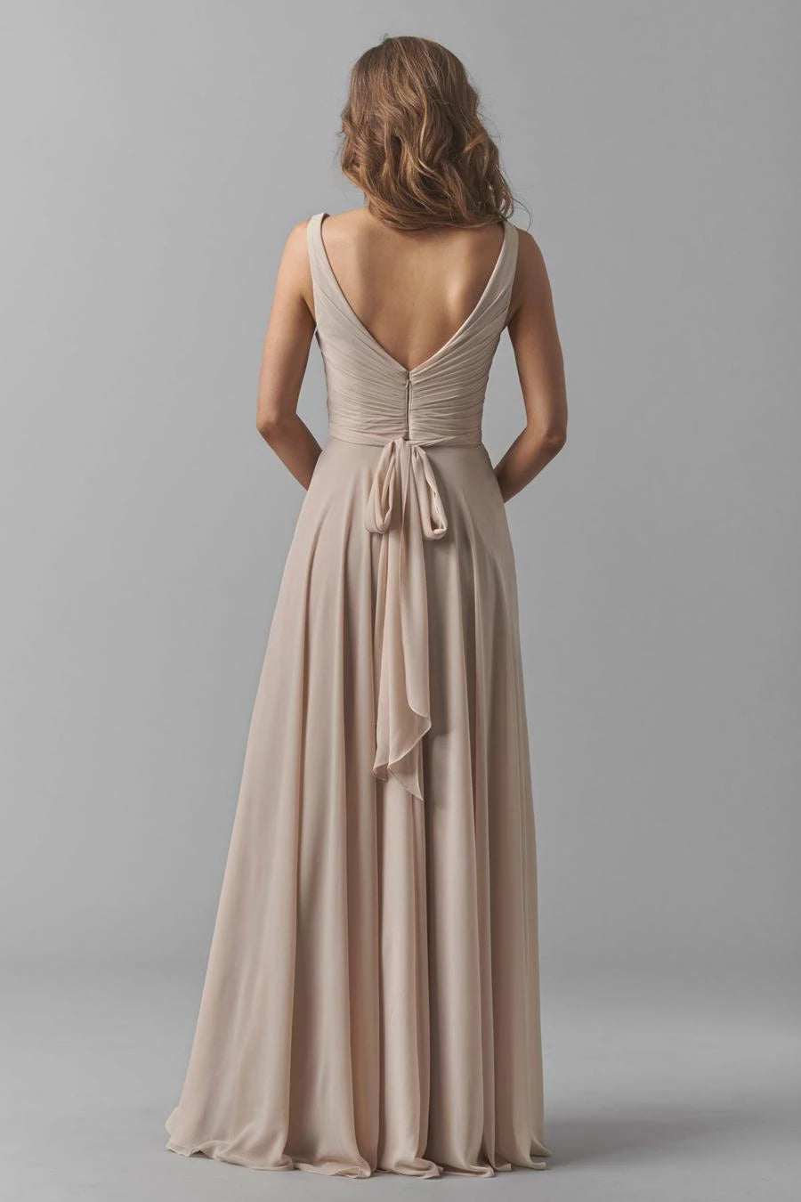 A-line V-neck off shoulder sleeveless backless and floor length evening dress