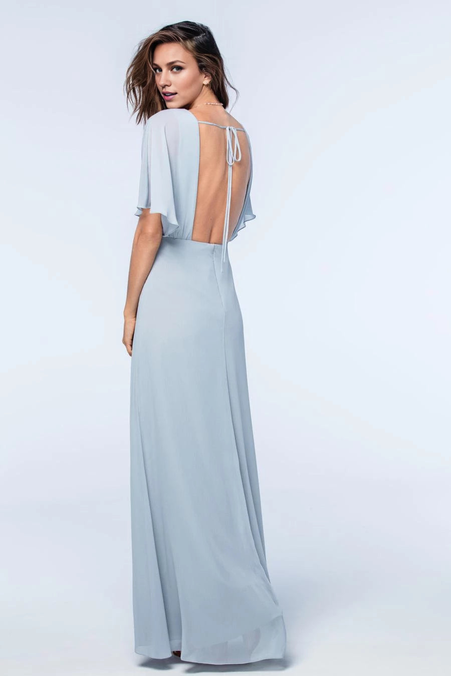 A-line V-neck short sleeved backless side slit and floor length evening dress
