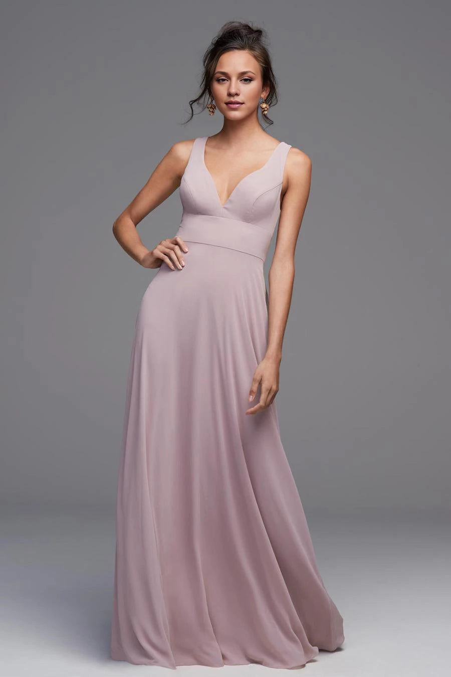 A-line V-neck sleeveless exposed back strap and floor length evening dress