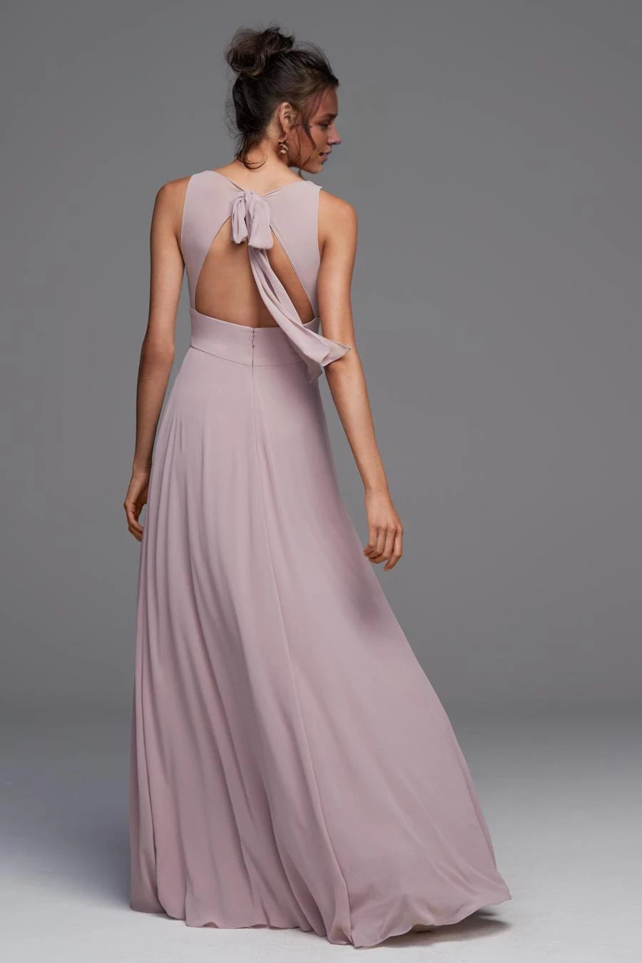 A-line V-neck sleeveless exposed back strap and floor length evening dress
