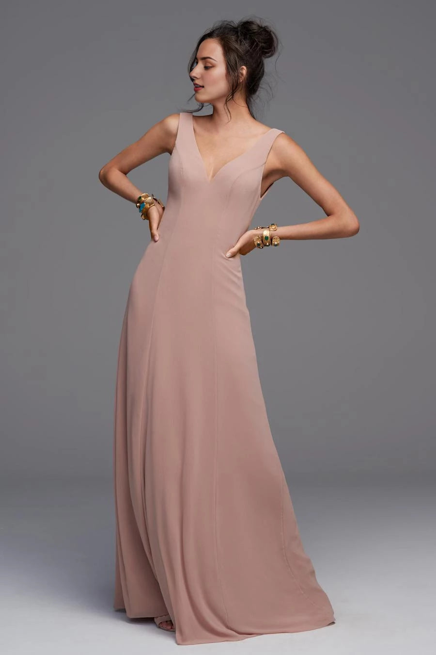 A-line V-neck sleeveless off shoulder backless and floor length Prom dress