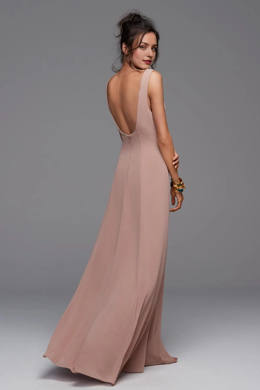 A-line V-neck sleeveless off shoulder backless and floor length Prom dress