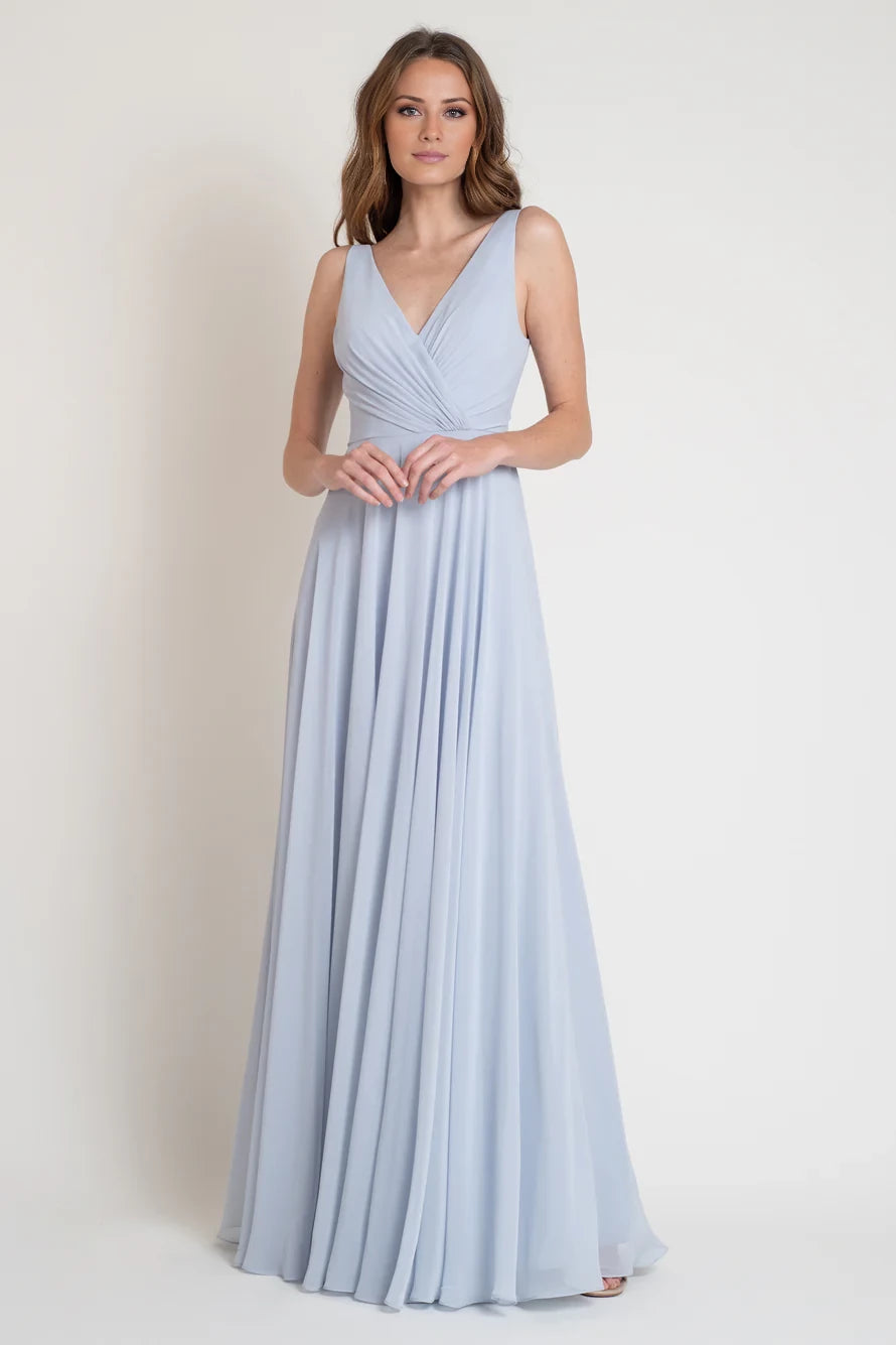 A-line V-neck sleeveless pleated detail backless and floor length evening dress