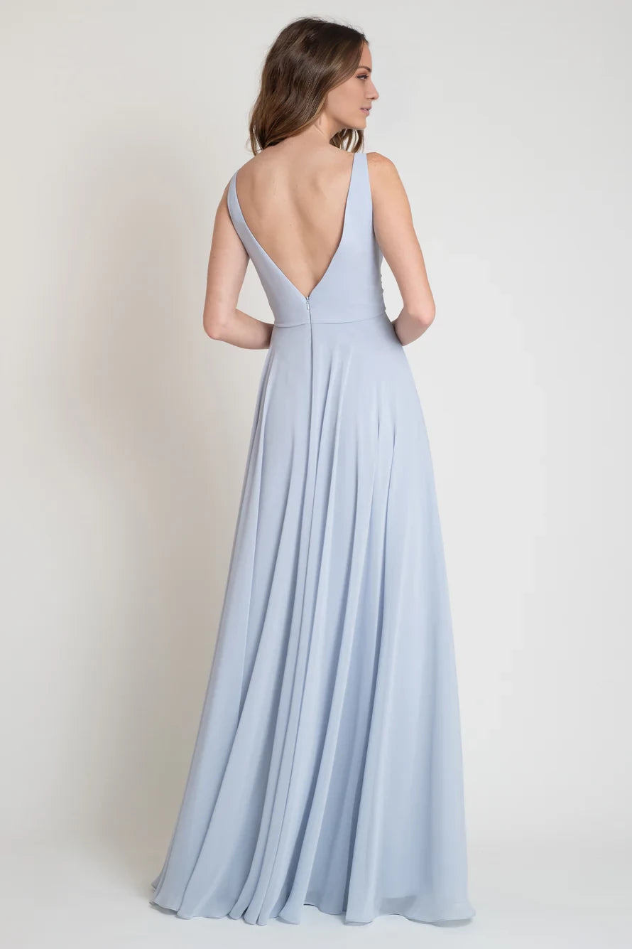 A-line V-neck sleeveless pleated detail backless and floor length evening dress