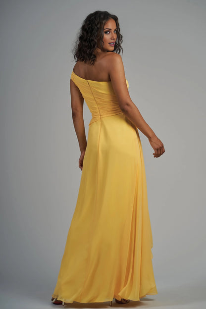 A-line asymmetrical neckline off shoulder sleeveless backless and floor length Prom dress
