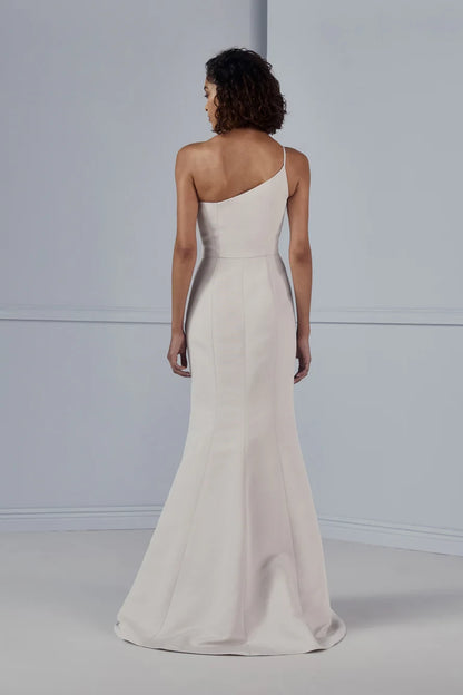 A-line asymmetrical neckline off shoulder sleeveless backless and floor length evening dress