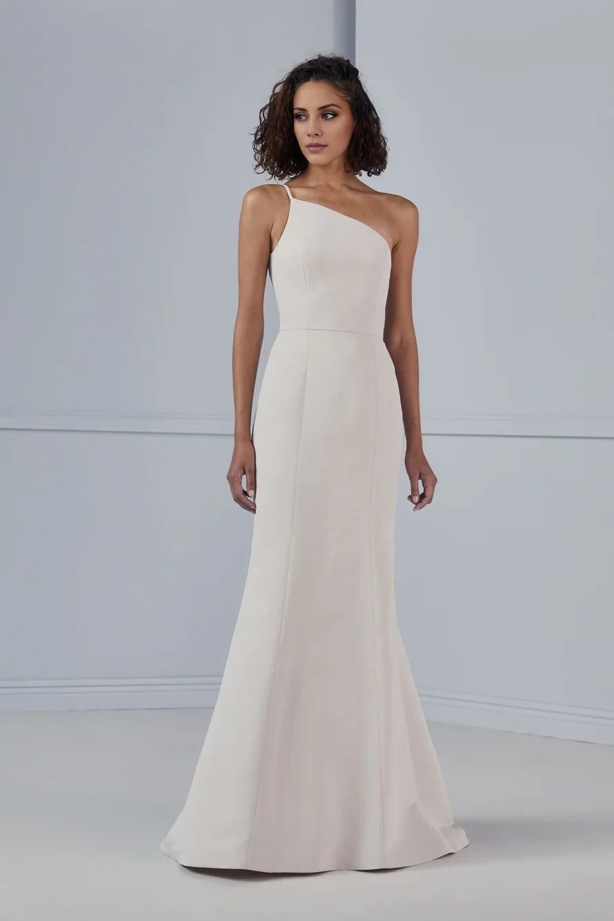 A-line asymmetrical neckline off shoulder sleeveless backless and floor length evening dress