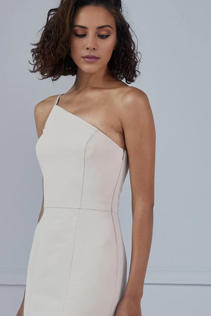 A-line asymmetrical neckline off shoulder sleeveless backless and floor length evening dress