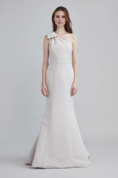 A-line asymmetrical neckline sleeveless bow shoulder strap and floor length evening dress