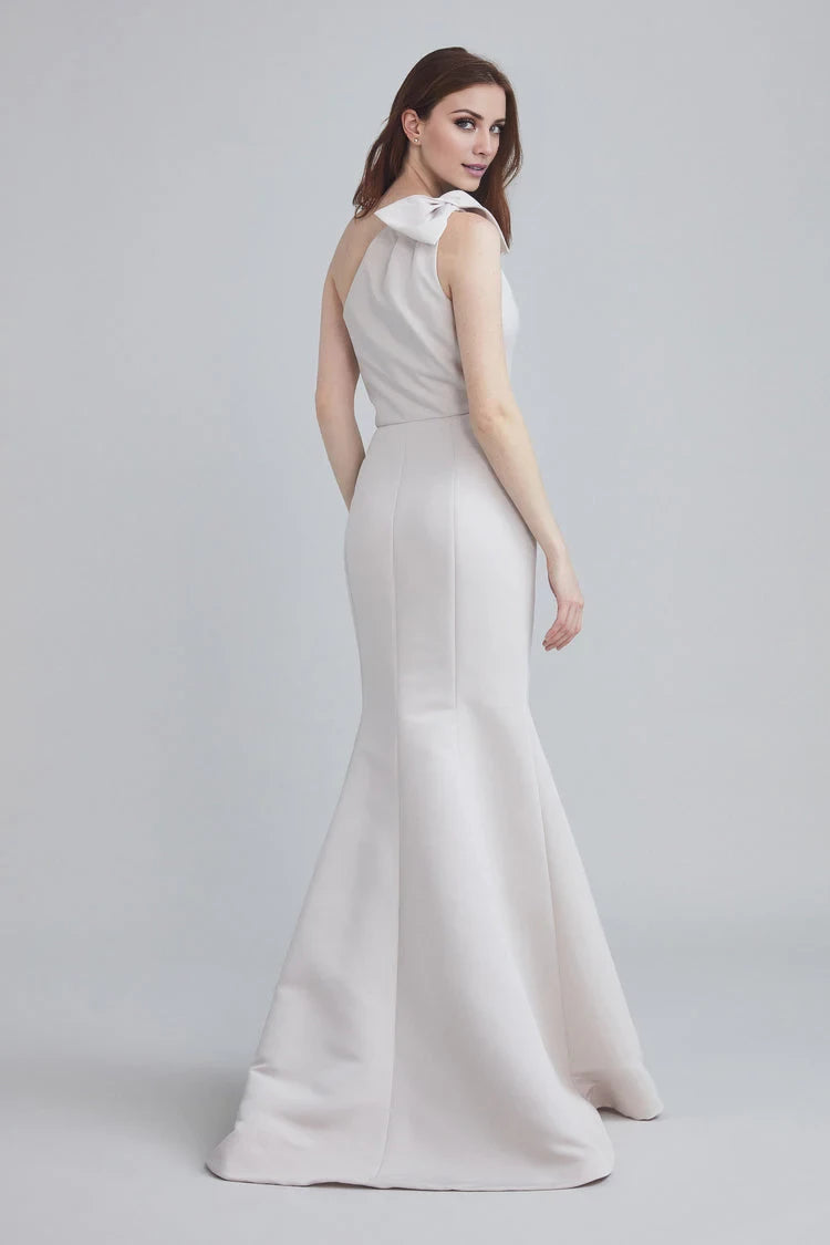 A-line asymmetrical neckline sleeveless bow shoulder strap and floor length evening dress