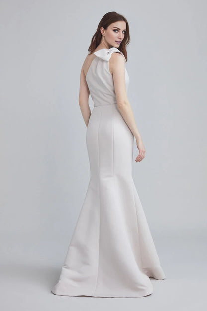 A-line asymmetrical neckline sleeveless bow shoulder strap and floor length evening dress