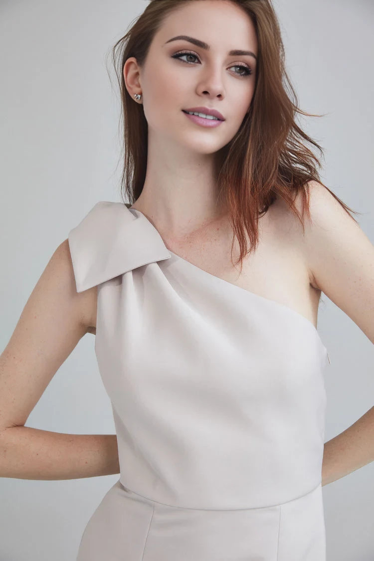 A-line asymmetrical neckline sleeveless bow shoulder strap and floor length evening dress