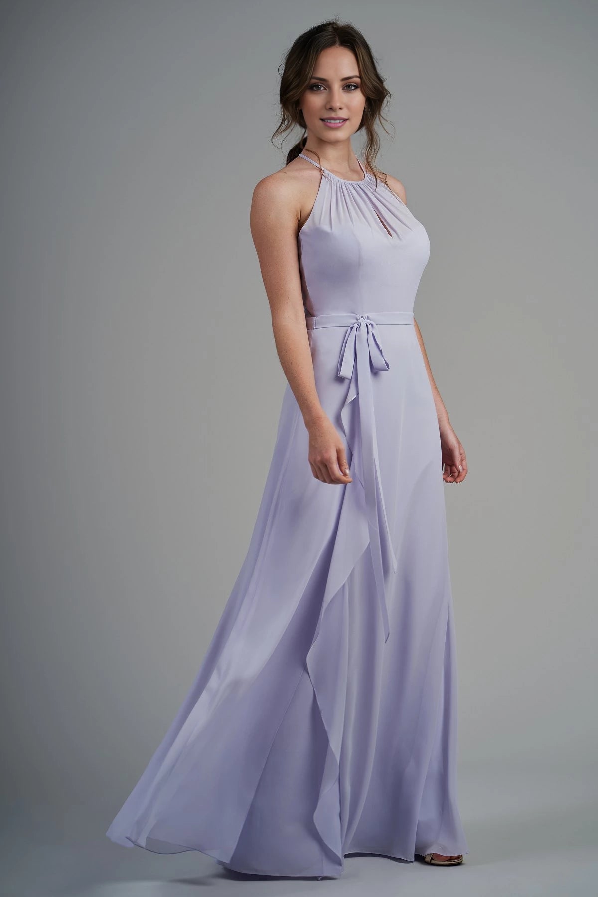 A-line hanging neck collar off shoulder sleeveless backless and floor length Prom dress