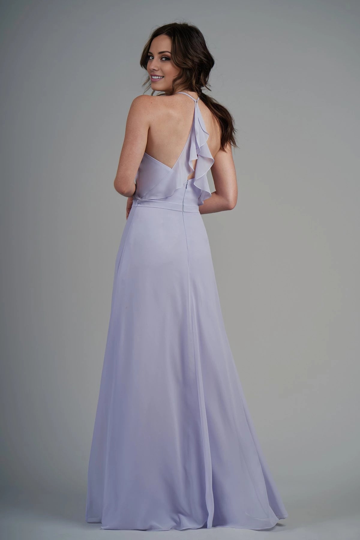 A-line hanging neck collar off shoulder sleeveless backless and floor length Prom dress