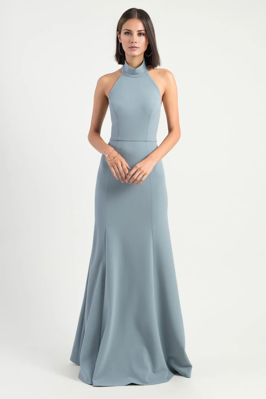 A-line hanging neck collar off shoulder sleeveless backless and floor length evening dress