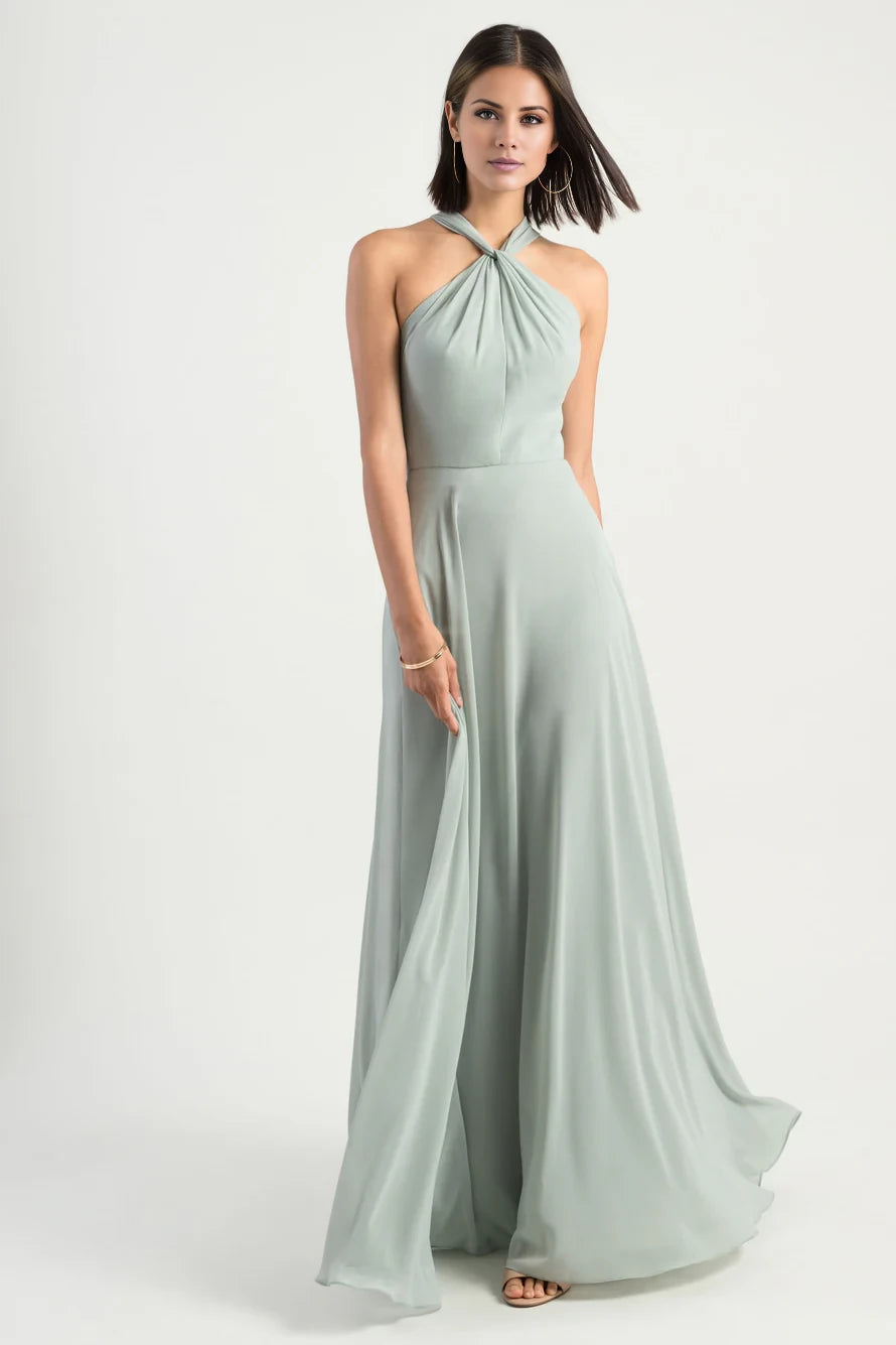 A-line hanging neck collar off shoulder sleeveless backless and floor length evening dress