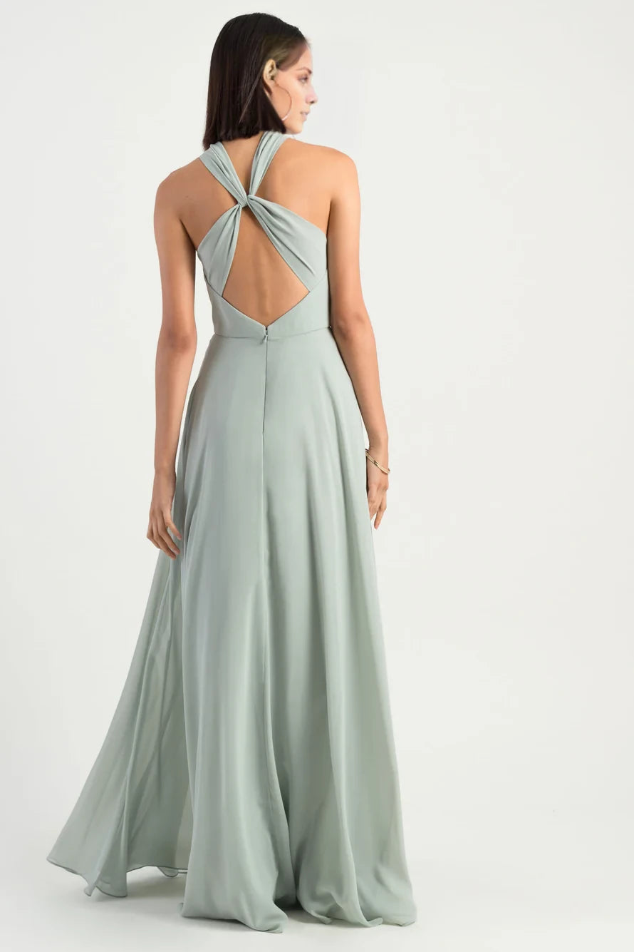A-line hanging neck collar off shoulder sleeveless backless and floor length evening dress