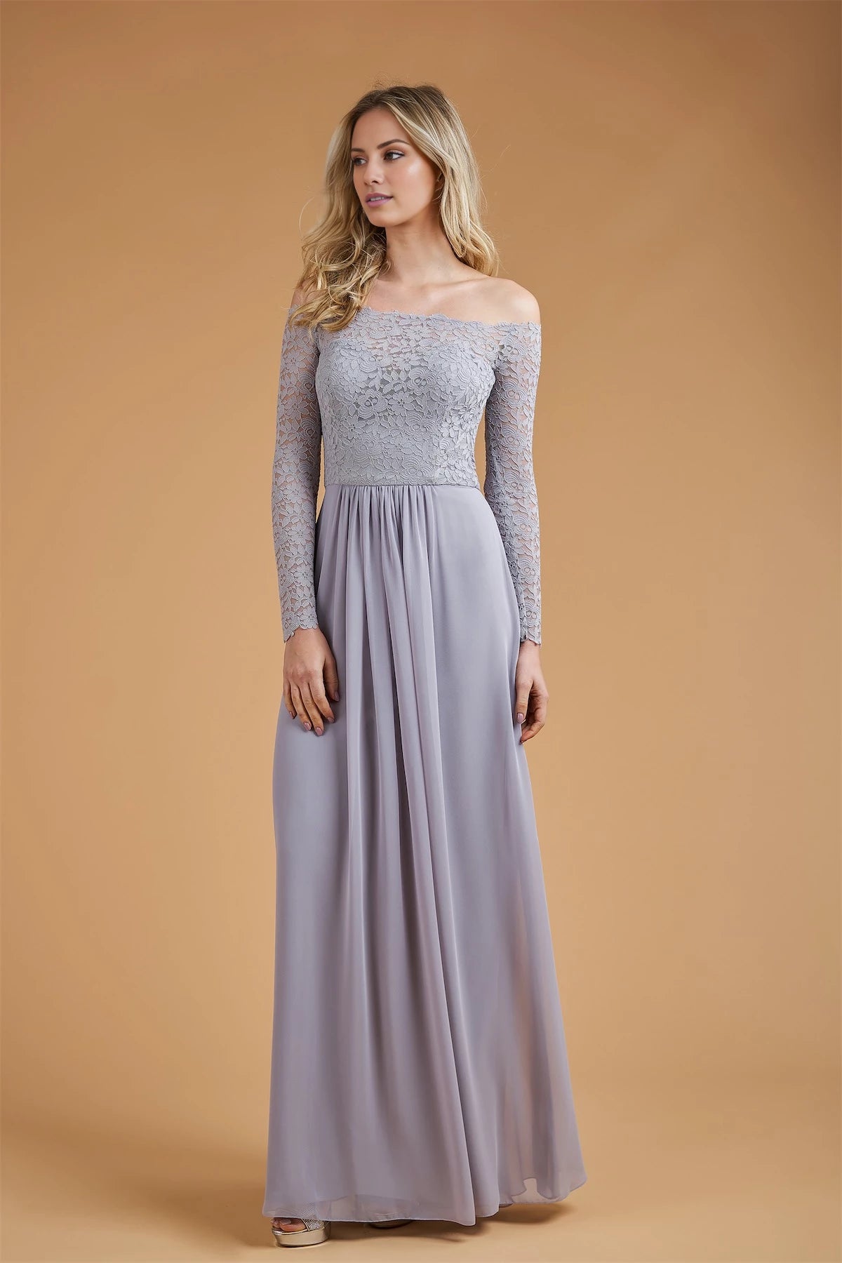 A-line off shoulder collar long sleeved lace backless and floor length Prom dress