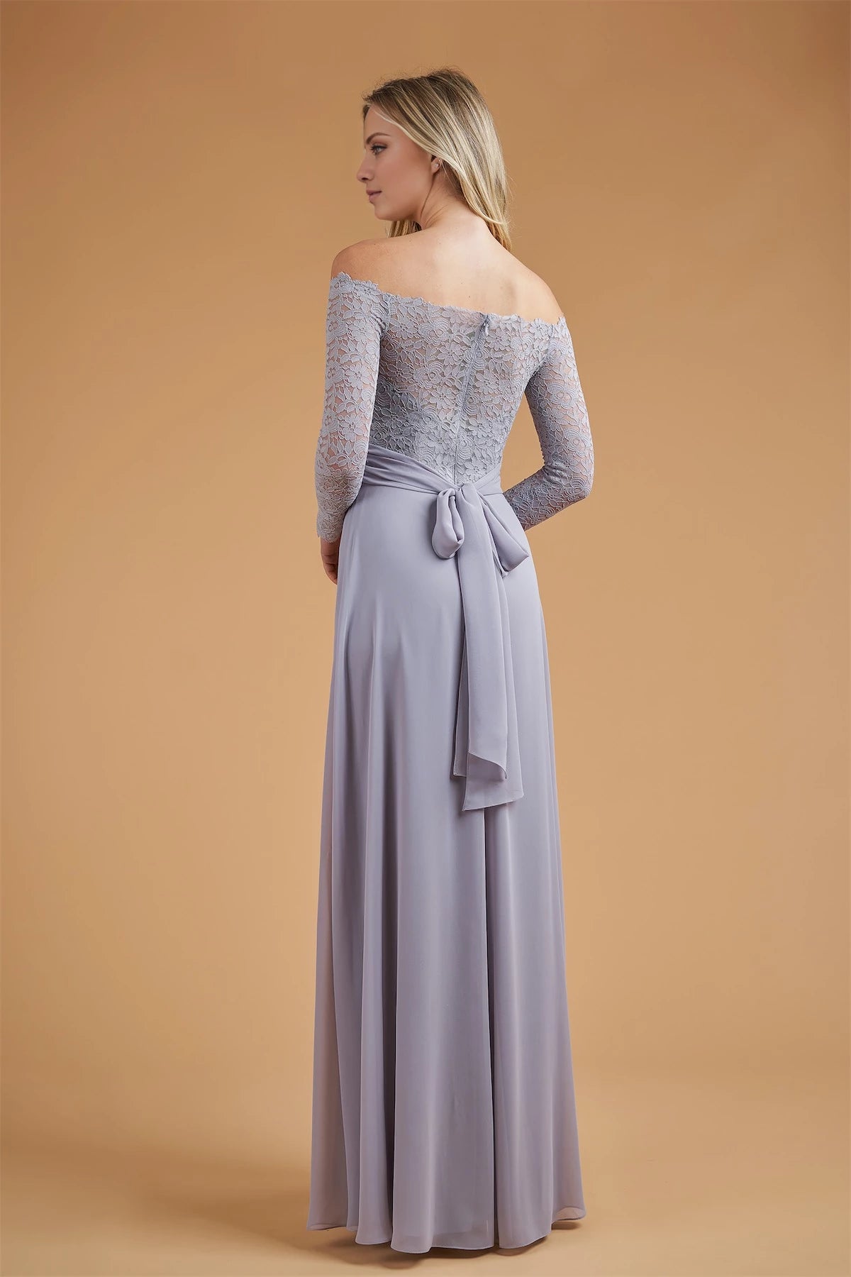 A-line off shoulder collar long sleeved lace backless and floor length Prom dress