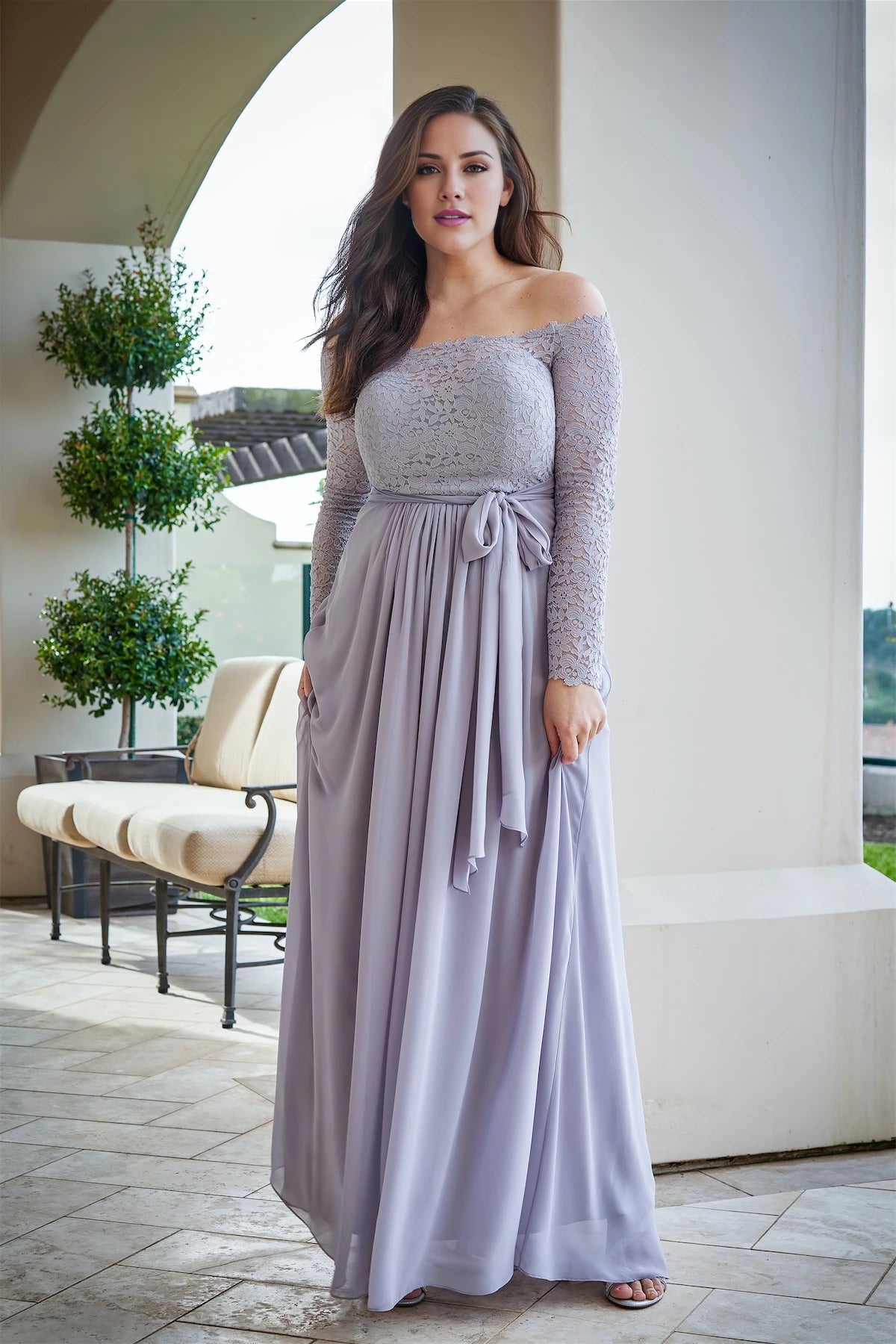 A-line off shoulder collar long sleeved lace backless and floor length Prom dress