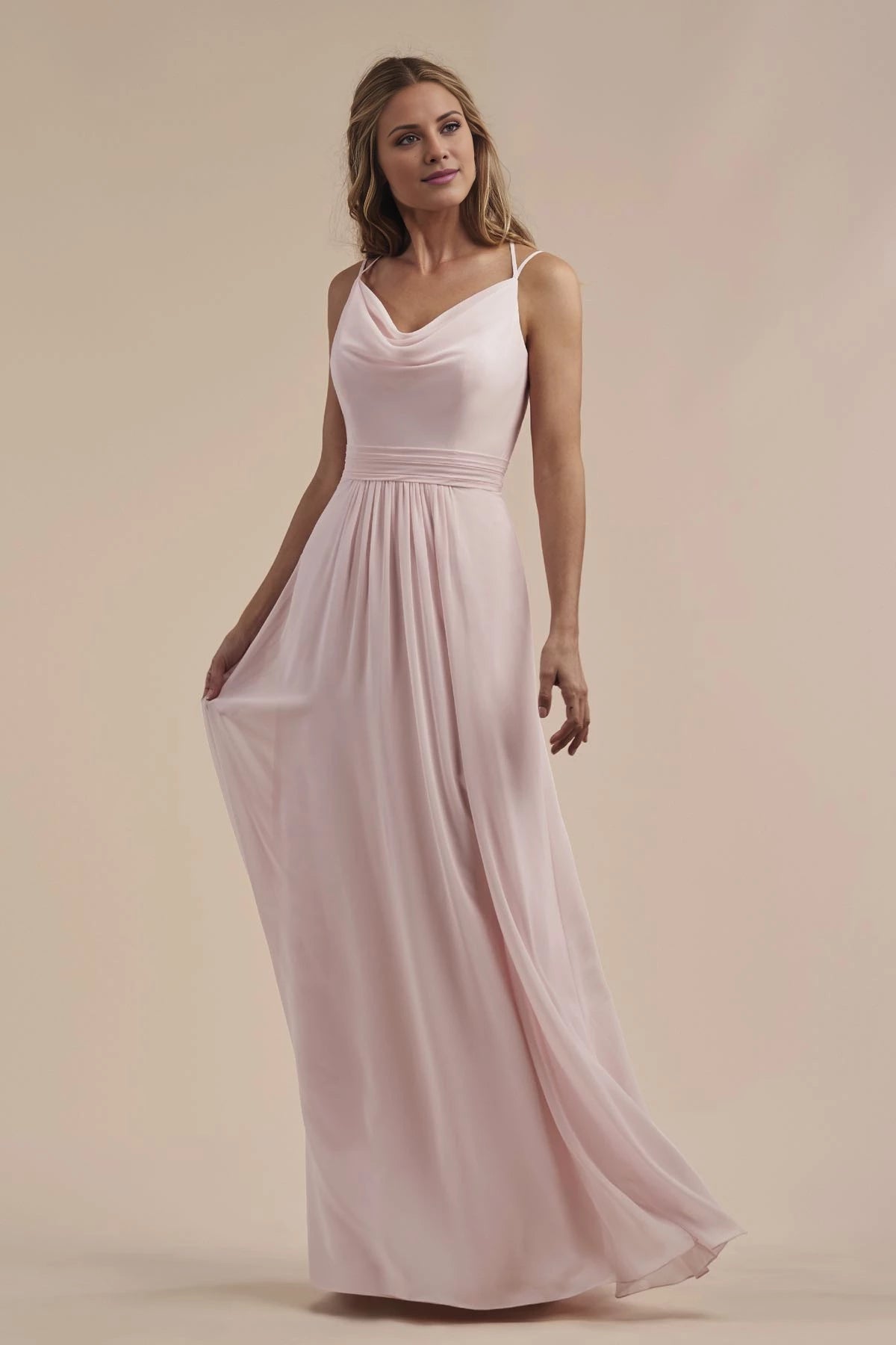 A-line scarf collar with exposed shoulders sleeveless thin shoulder straps exposed back and floor length Prom dress