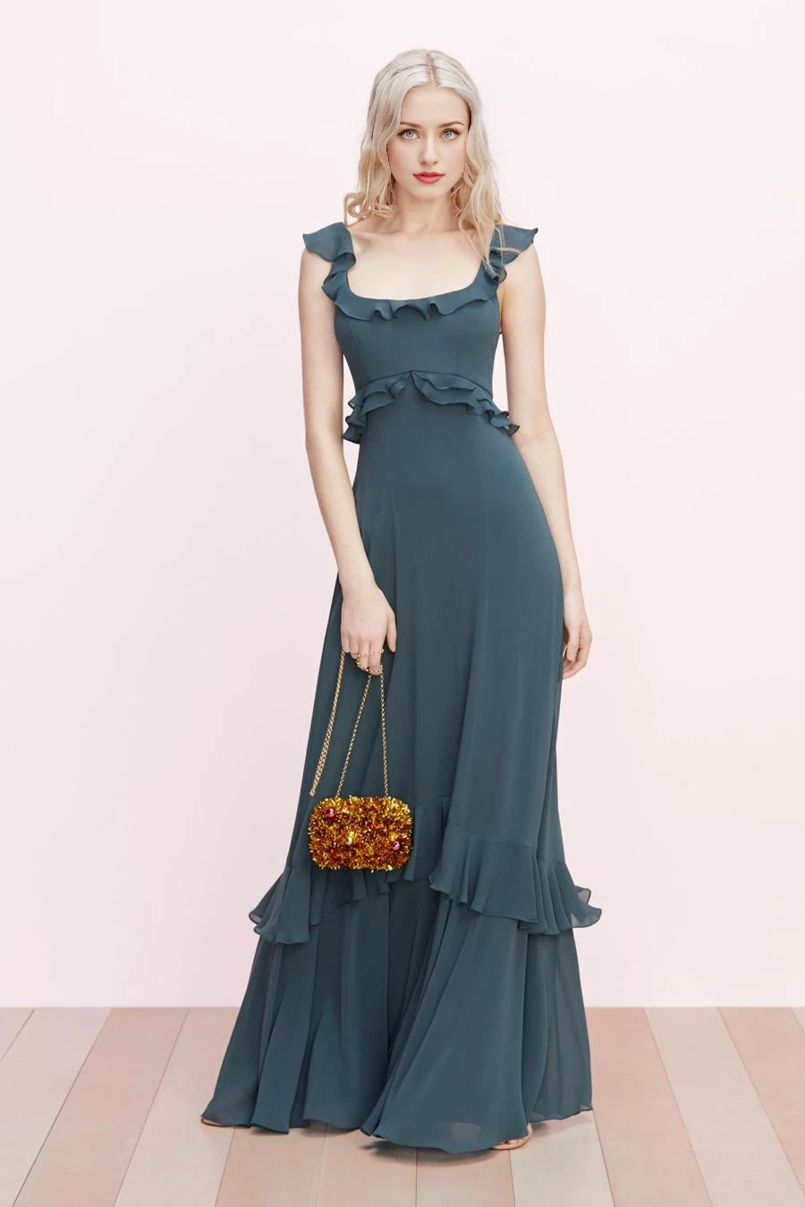 A-line square neckline sleeveless backless ruffle edge and floor length Prom dress