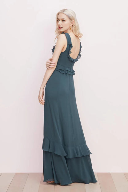 A-line square neckline sleeveless backless ruffle edge and floor length Prom dress