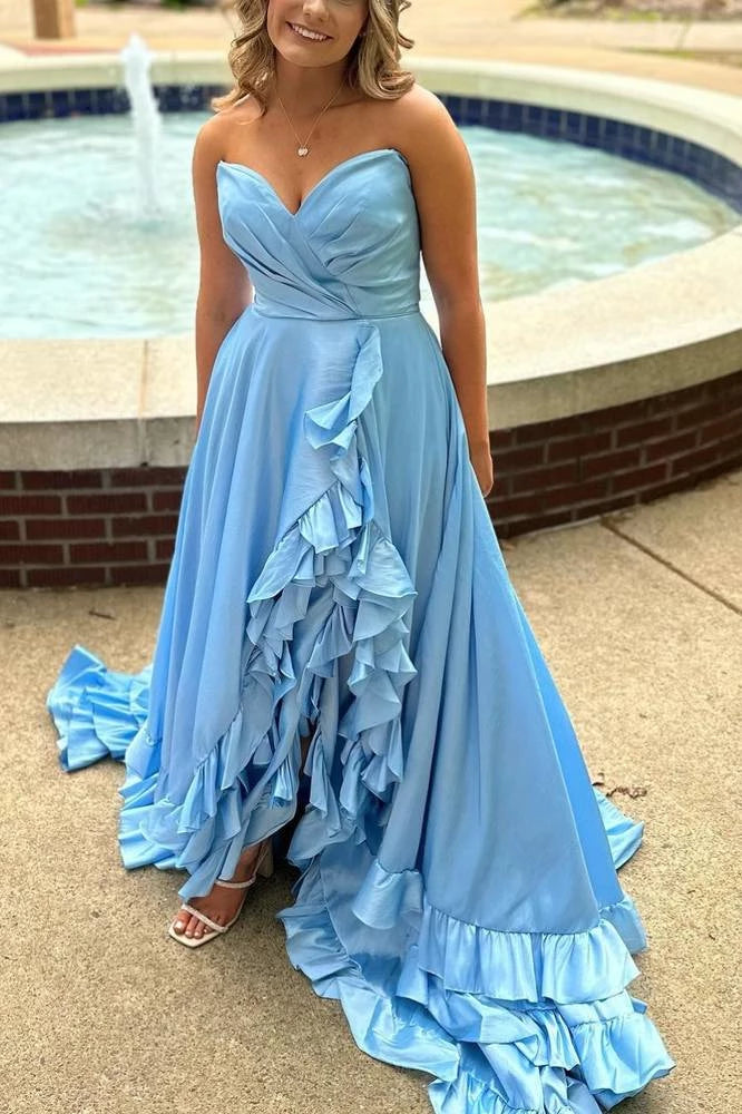 Airy A-Line Sweetheart Strapless Ruffled Slit Floor-Length Prom Dress