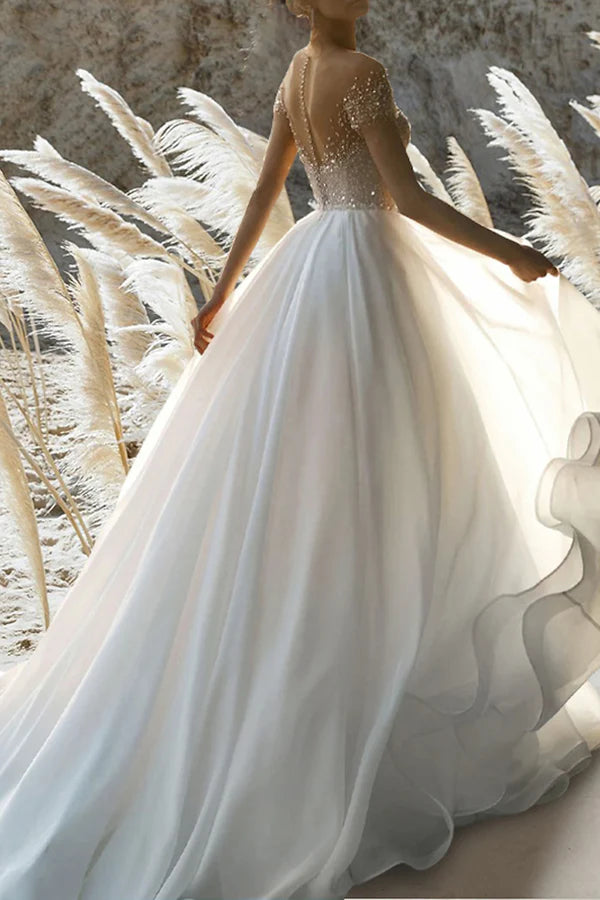 Robe de mariée de plage formelle, robe de mariée d'été à manches courtes et perles, coupe trapèze