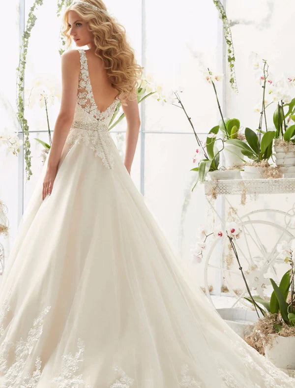 Alluring A-Line V-Neck Open Back Lace Formal Wedding Gown.