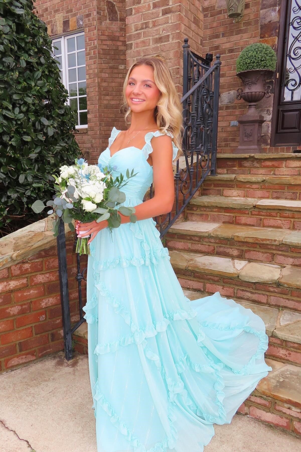 Aqua Ruffled Tiered Maxi Gown – Sweetheart Neck Spaghetti Strap Prom Dress with Train