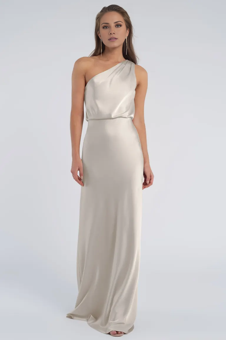 Asymmetric collar off shoulder sleeveless and floor length evening dress