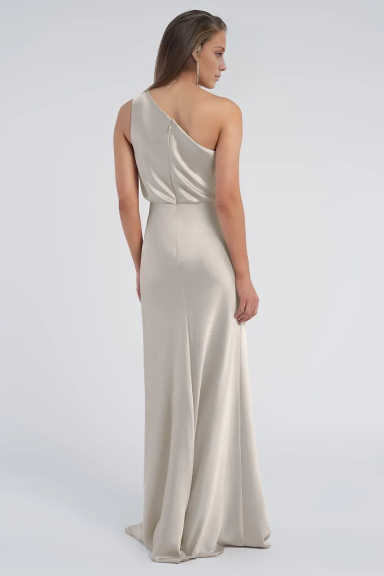 Asymmetric collar off shoulder sleeveless and floor length evening dress
