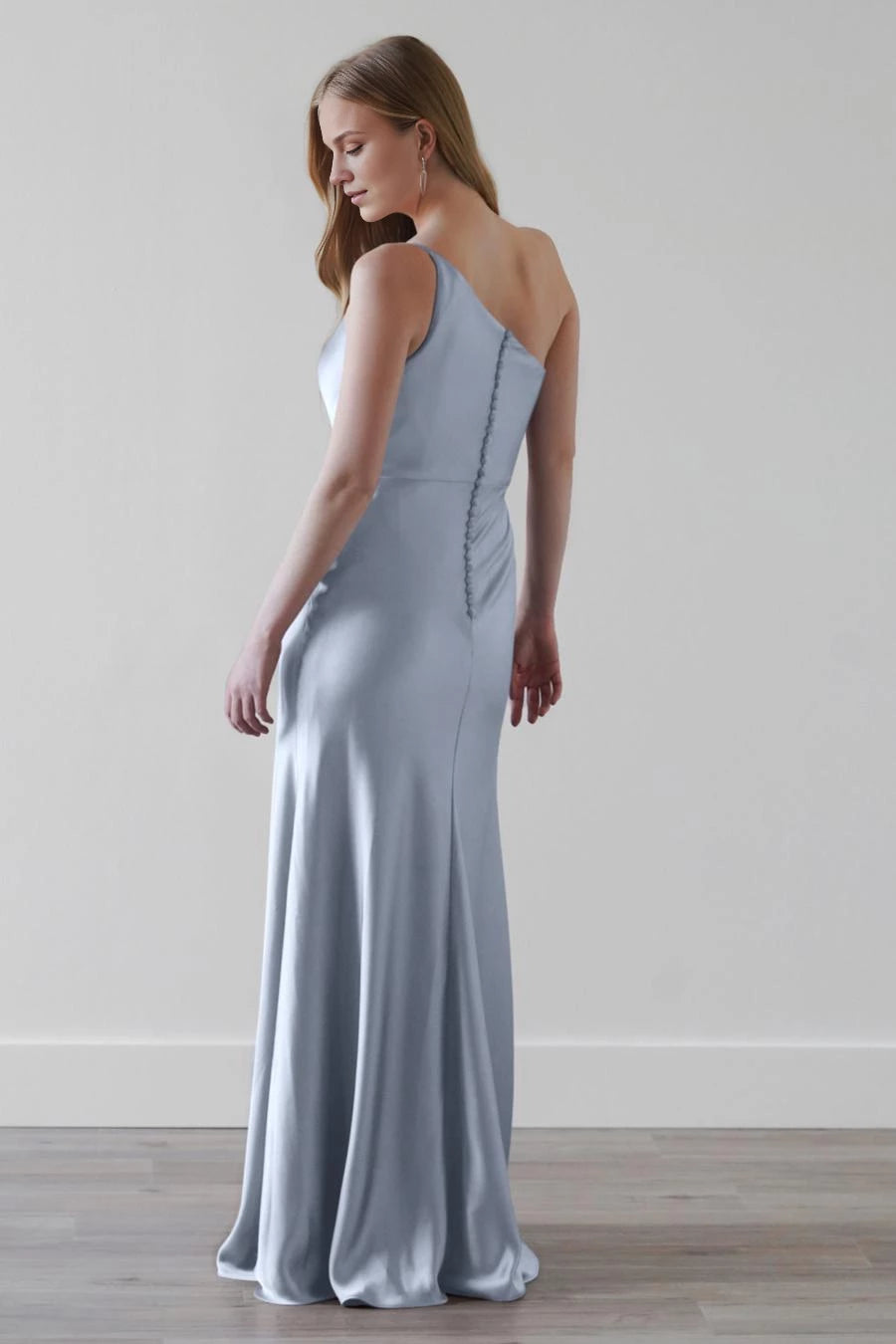 Asymmetric collar off shoulder sleeveless backless and floor length Prom dress