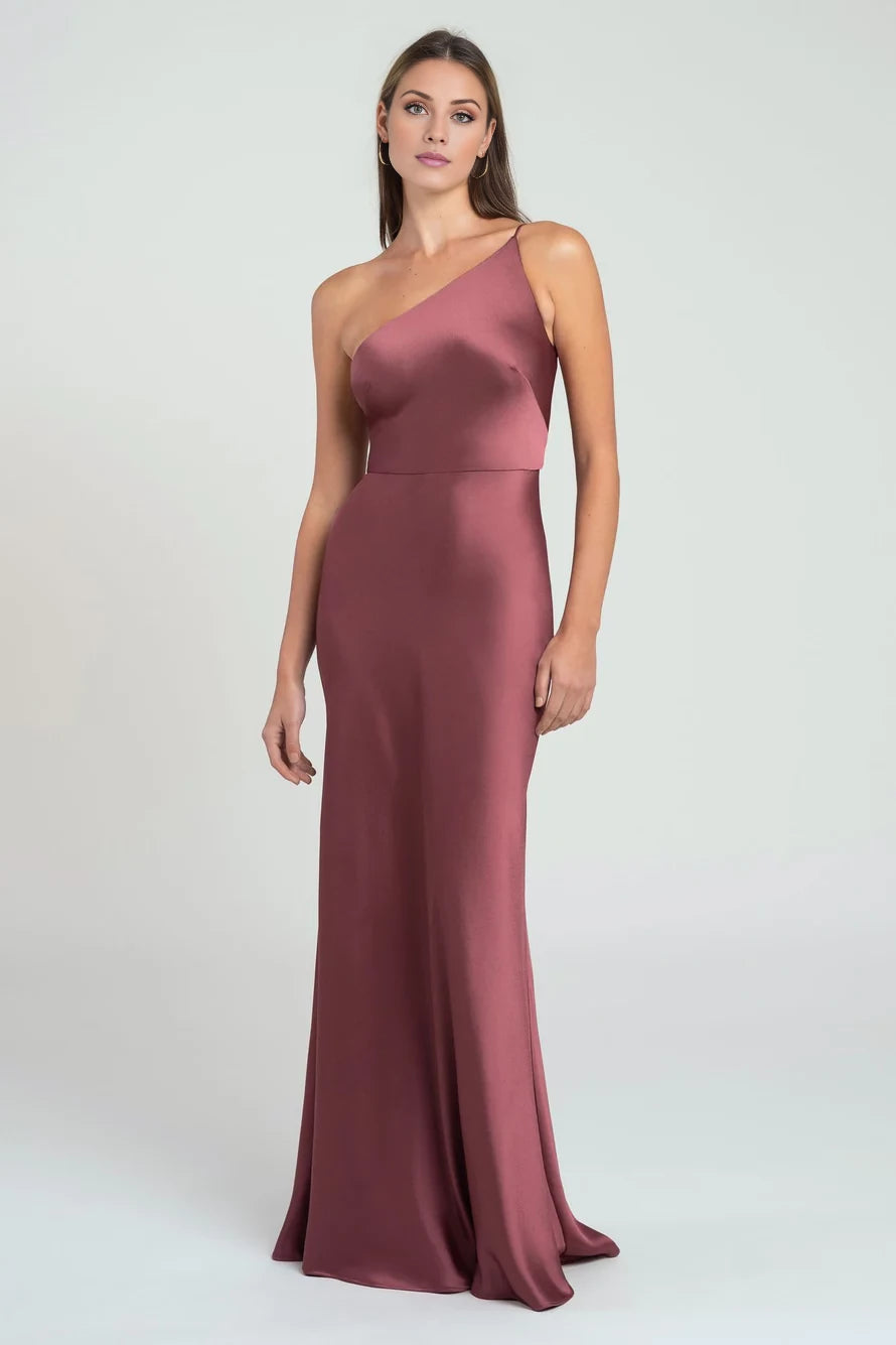 Asymmetric collar off shoulder sleeveless backless and floor length evening dress