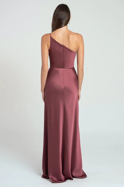Asymmetric collar off shoulder sleeveless backless and floor length evening dress