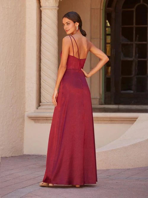 Asymmetric collar off shoulder sleeveless backless and floor length evening dress