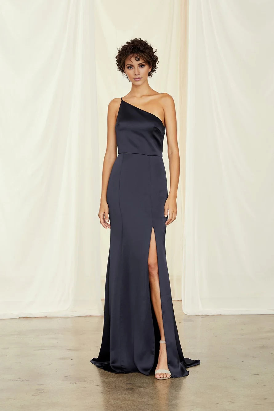 Asymmetric collar off shoulder sleeveless backless side slit and floor length evening dress