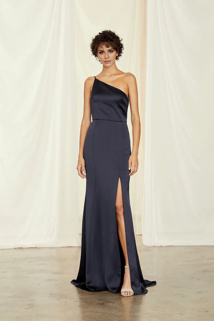 Asymmetric collar off shoulder sleeveless backless side slit and floor length evening dress