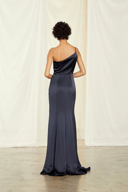 Asymmetric collar off shoulder sleeveless backless side slit and floor length evening dress