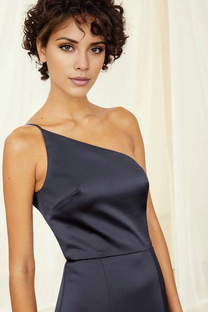 Asymmetric collar off shoulder sleeveless backless side slit and floor length evening dress