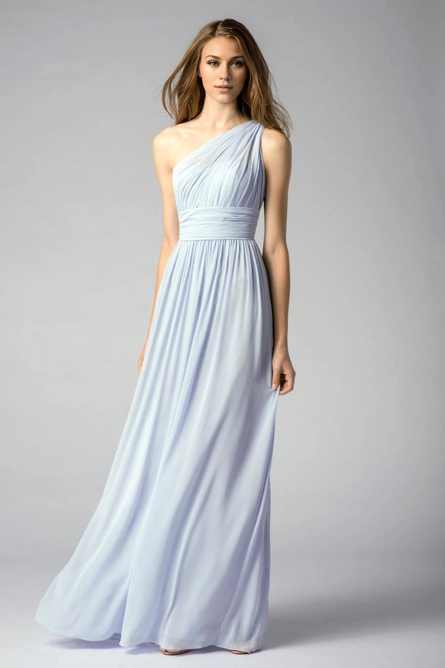 Asymmetric collar off shoulder sleeveless pleated details backless and floor length evening dress