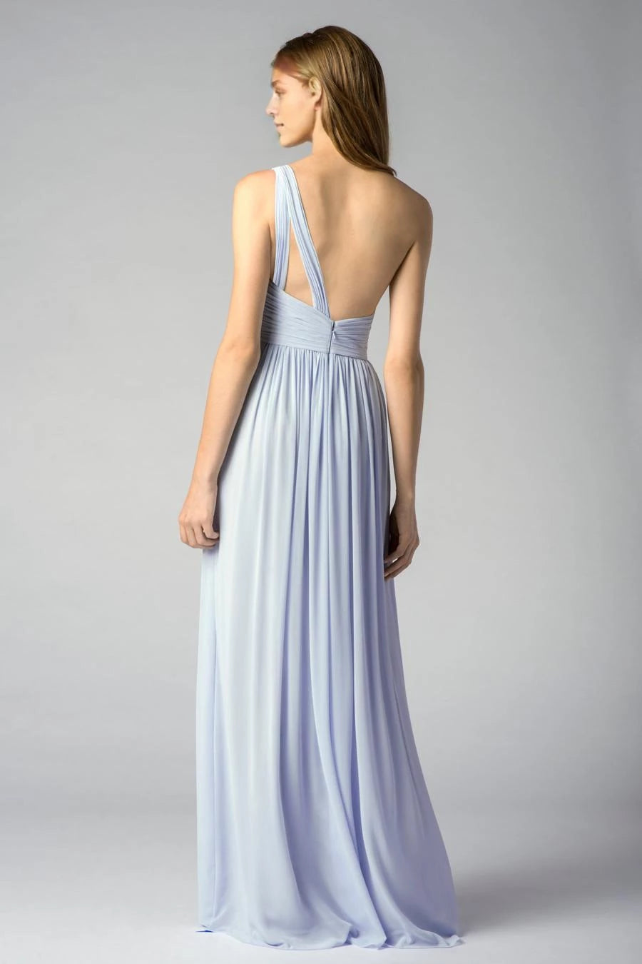 Asymmetric collar off shoulder sleeveless pleated details backless and floor length evening dress