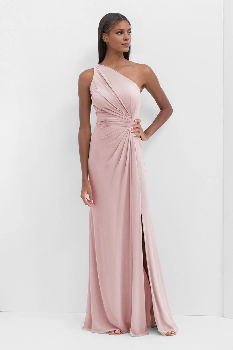 Asymmetric collar off shoulder sleeveless pleated details backless side slit and floor length Prom dress