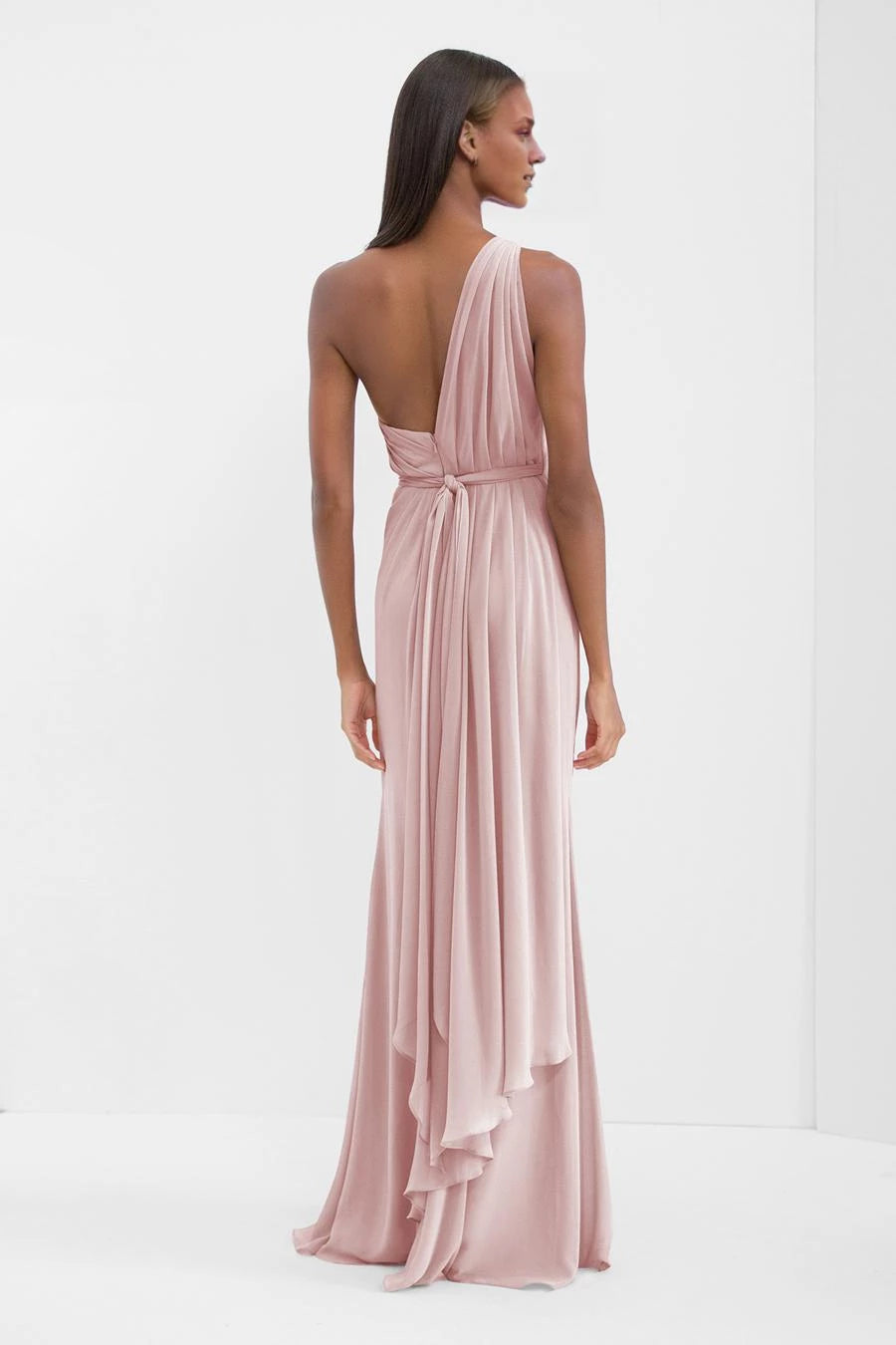 Asymmetric collar off shoulder sleeveless pleated details backless side slit and floor length Prom dress