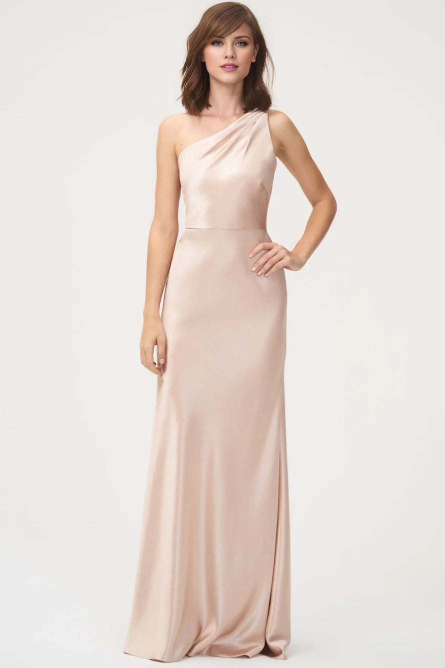 Asymmetric collar sleeveless backless and floor length evening dress