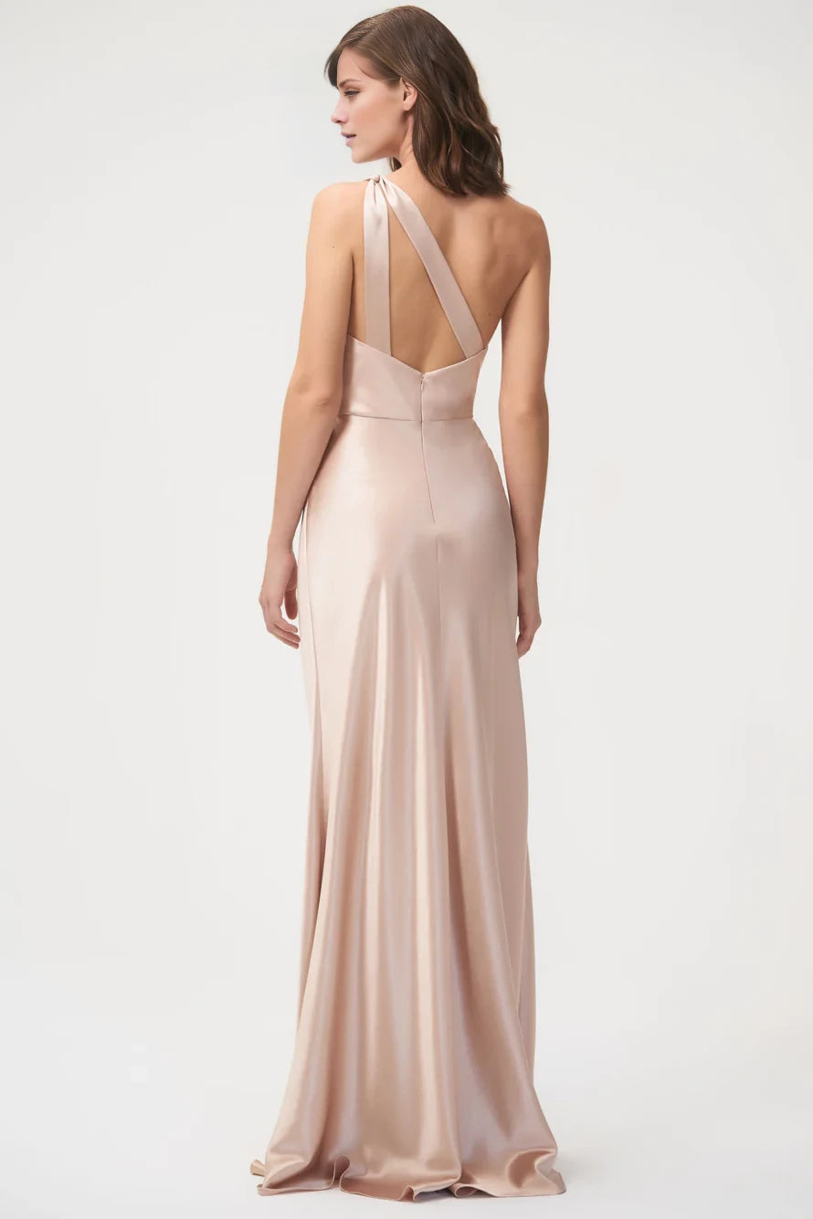Asymmetric collar sleeveless backless and floor length evening dress