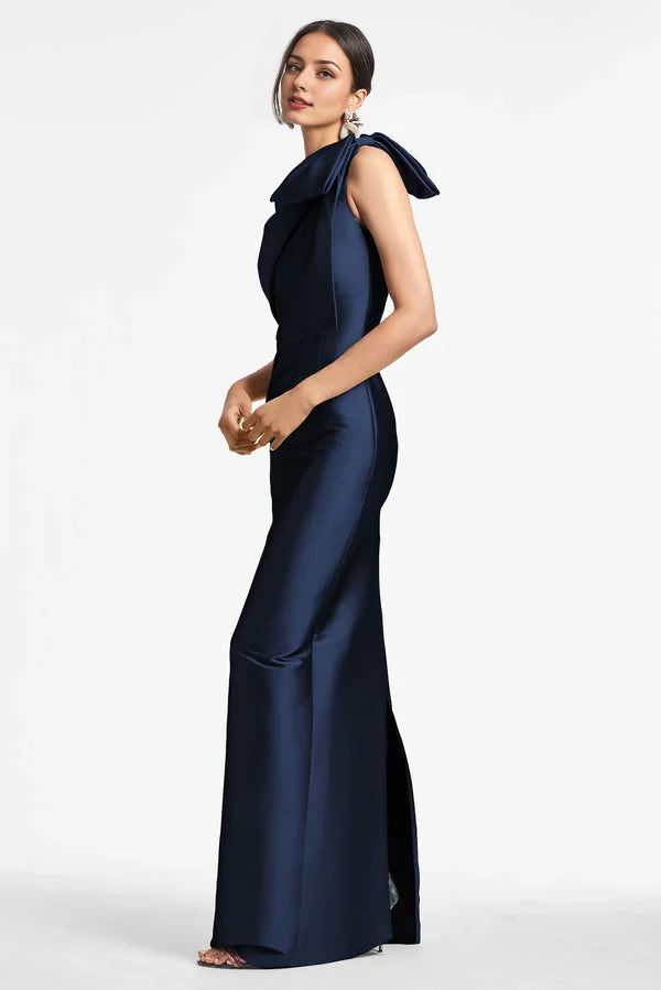 Asymmetric collar sleeveless bow shoulder exposed and floor length Prom dress