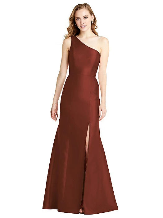 Asymmetric collar sleeveless satin side slit and floor length evening dress