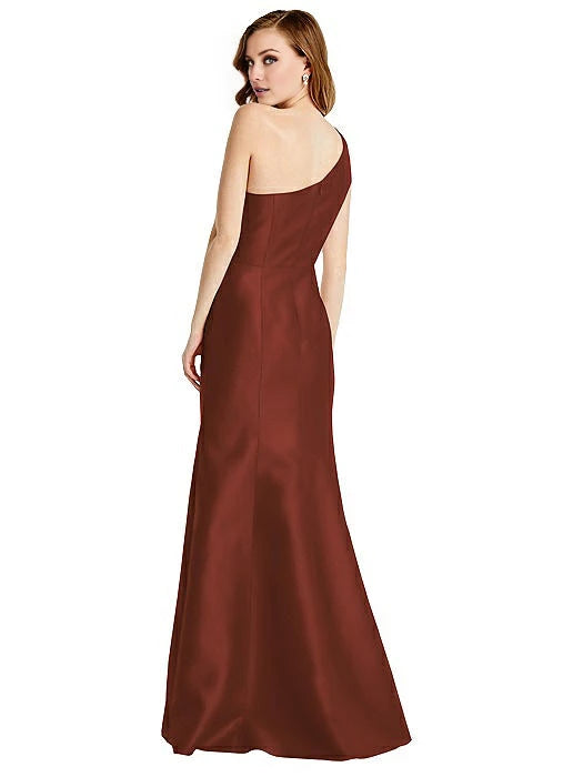 Asymmetric collar sleeveless satin side slit and floor length evening dress